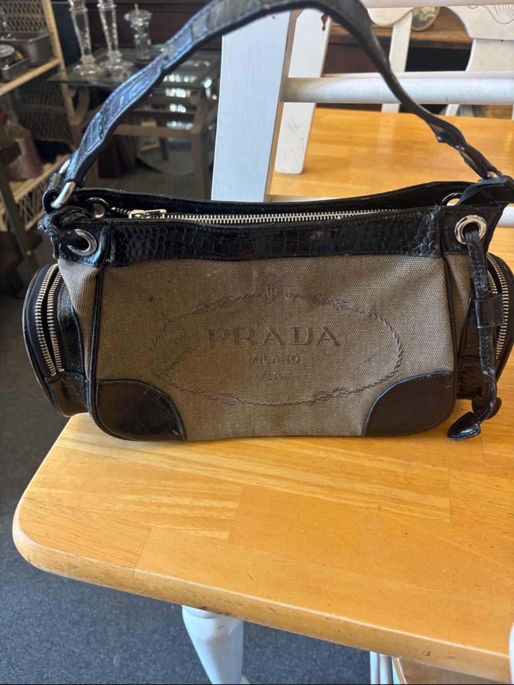 Prada Beige Canvas Bag with Black Leather Trim